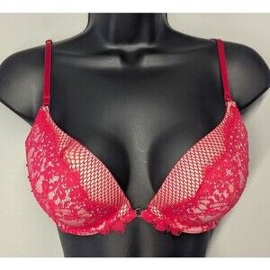 Victoria's Secret Very Sexy Push Up Pigeonnant Red Tan Laced Rhinestone Bra 32D